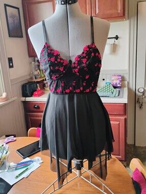 Black Chiffon Slip Dress with Red Floral Embroidery